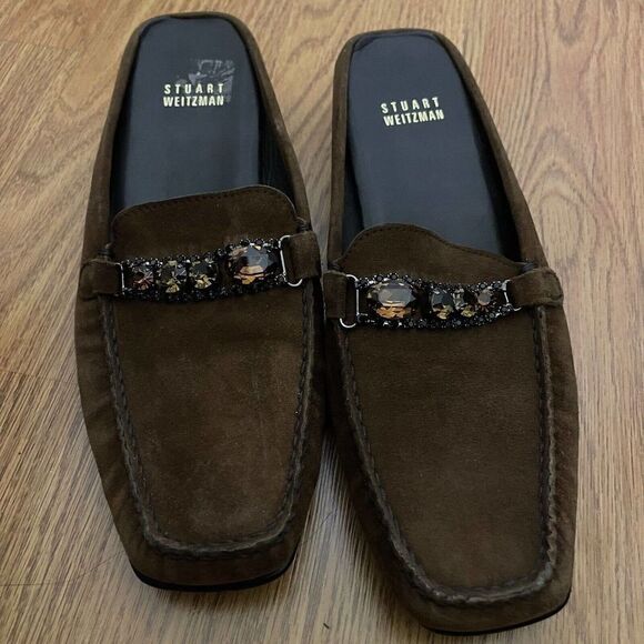 STUART WEITZMAN brown suede leather slip on loafers with rhinestones size US 8 - Picture 2 of 8